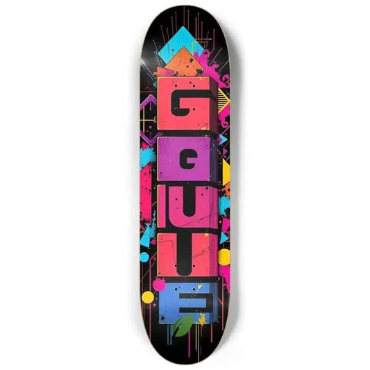 Black skateboard deck with colorful block letters spelling GGUUE and geometric graffiti art