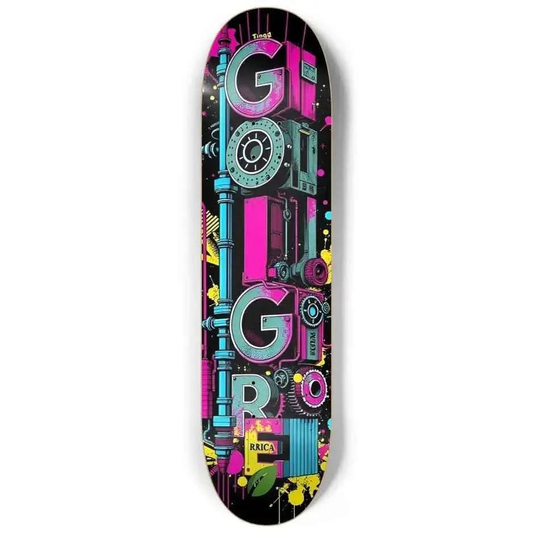 Colorful skateboard deck with bold, mechanical-style GOFIGURE text and vibrant pink, blue, and yellow accents