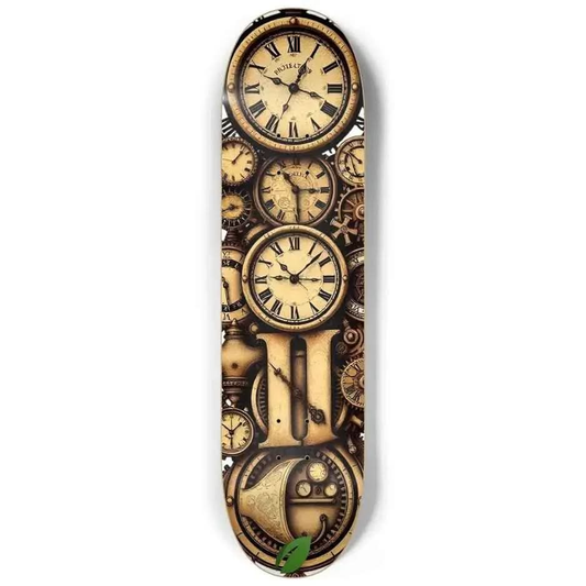 Steampunk skateboard deck featuring detailed vintage clocks and gears design in sepia tones