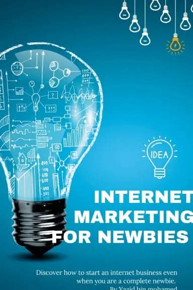 Light bulb with marketing icons and text Internet Marketing for Newbies on blue background