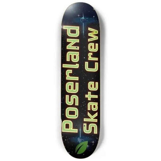 Black skateboard deck with green glowing text reading Poseyland Skate Crew and a green leaf logo
