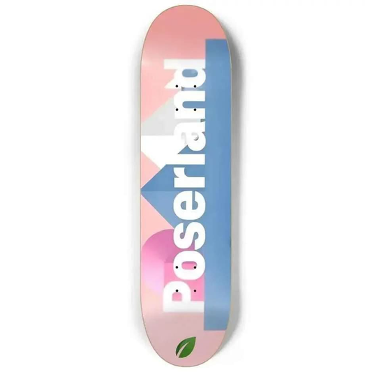 Pink and blue Poserland skateboard deck with geometric design and green leaf logo