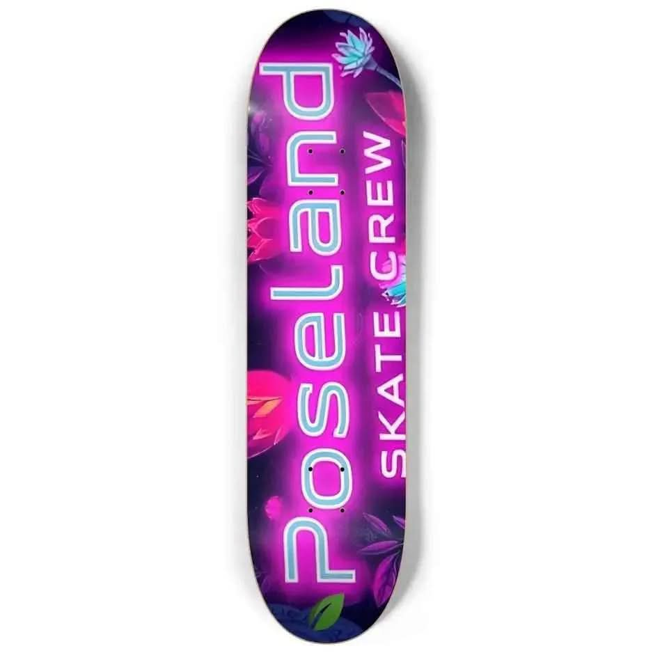 Purple skateboard deck with neon glowing text PoseLand Skate Crew and floral graphics
