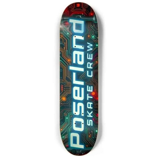 Skateboard deck with neon circuit board design and glowing text 'Poserland Skate Crew'