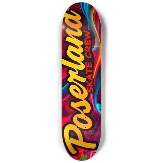 Colorful Posevlana Skate Crew skateboard deck with vibrant red, blue, and orange abstract design