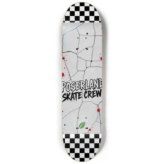 Skateboard deck with cracked white design, red splatters, checkerboard ends, and Poserland Skate Crew text