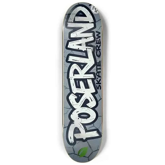 Gray skateboard deck with cracked pavement design and bold white "POSEIDAN" and black "SKATE CREW" text