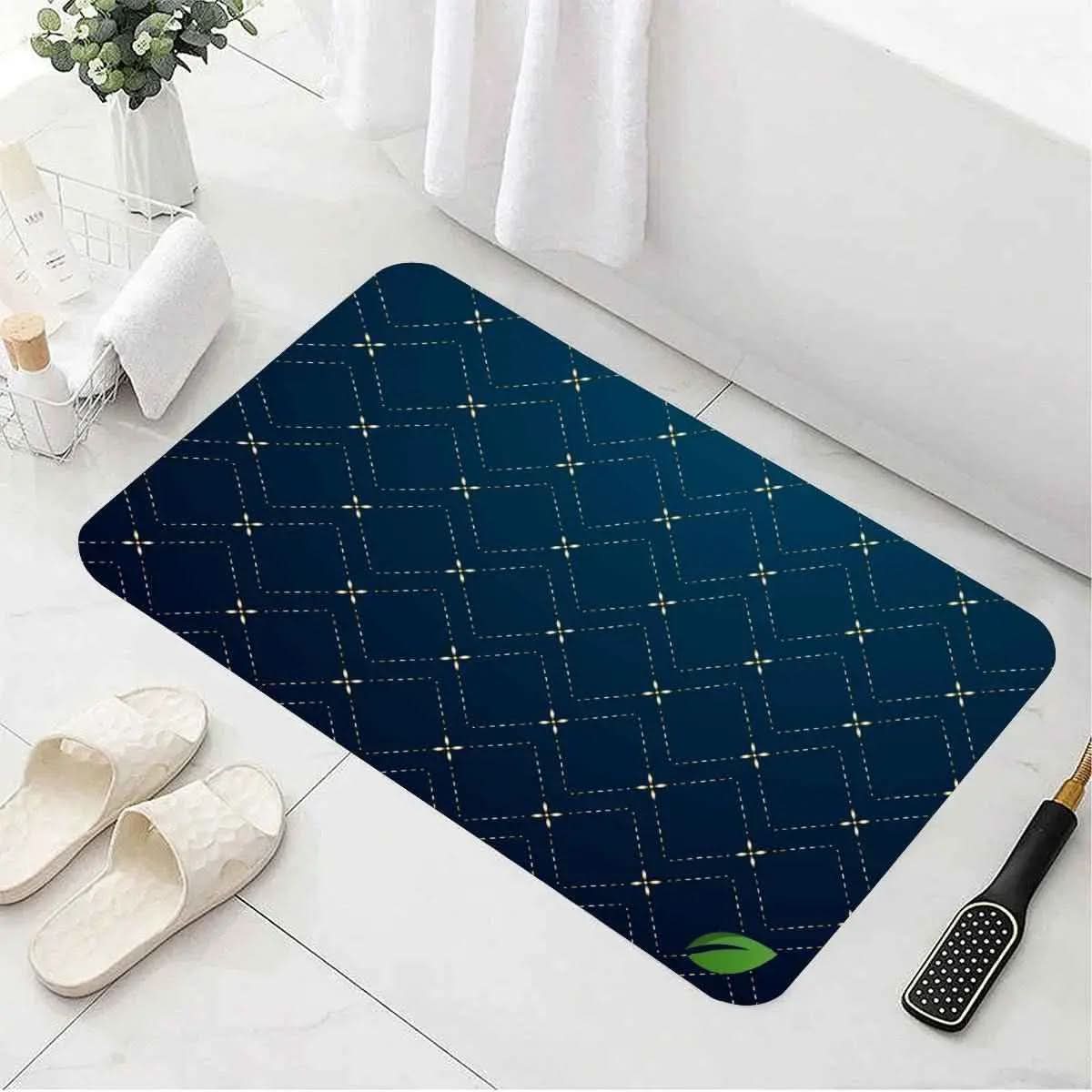 navy blue bath mat with diamond pattern on white tiled floor near slippers and bathroom accessories
