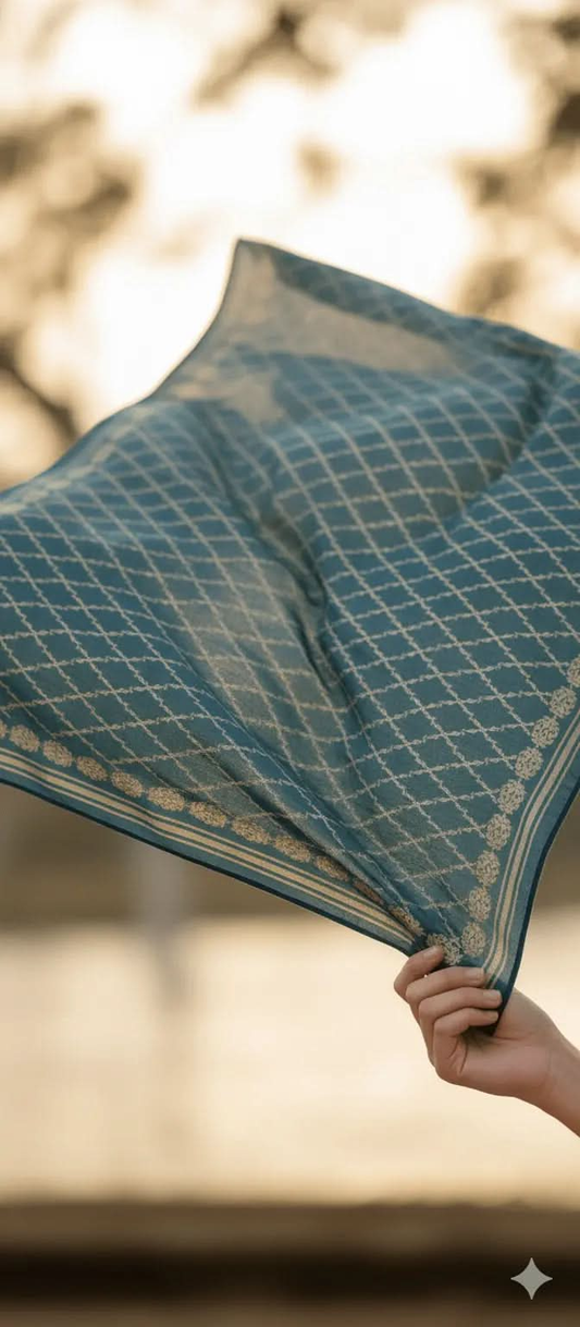 Hand holding blue patterned scarf with intricate cream geometric and floral border design